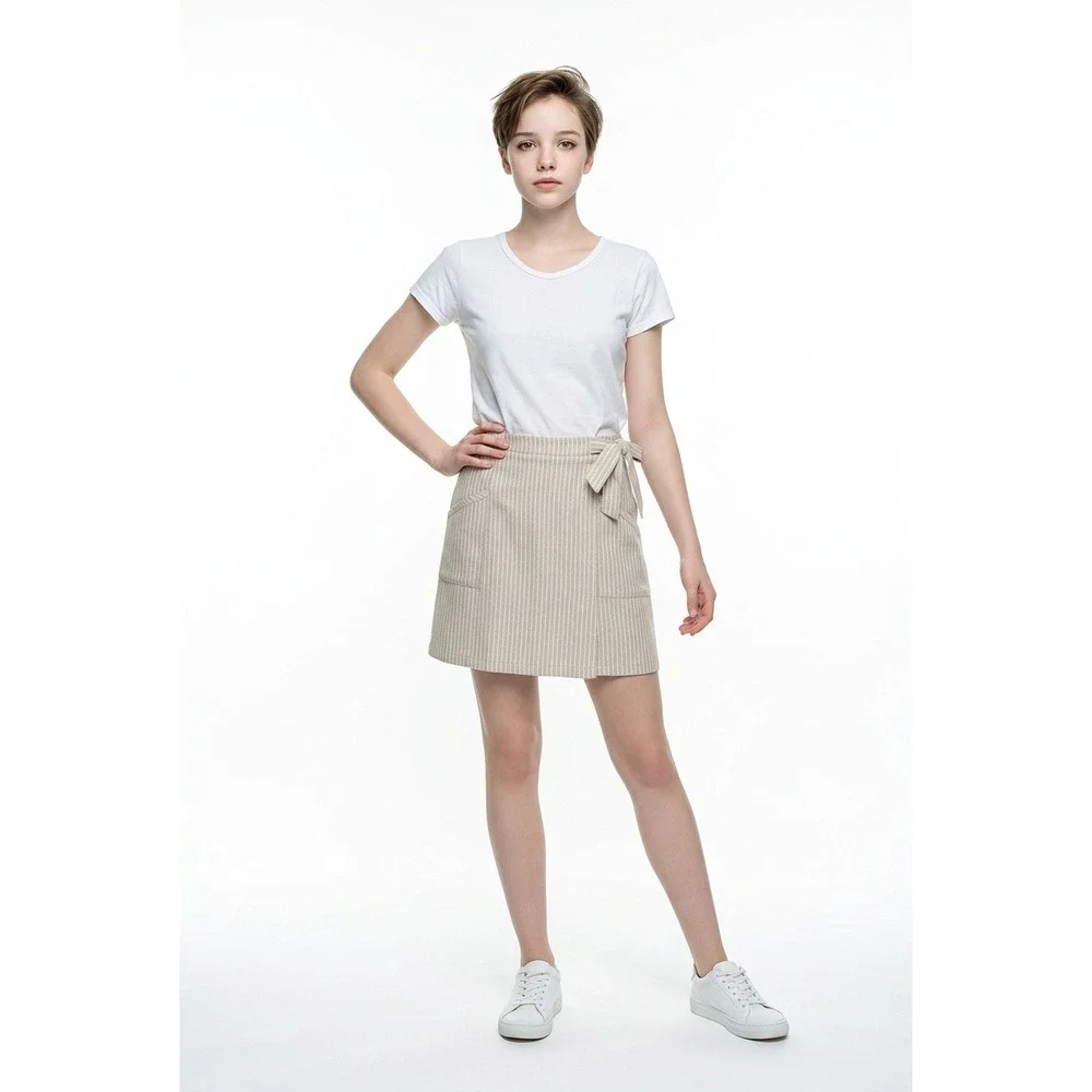Copper Key Women‎ Beige White Striped Tie Waist Skort Mini Pocket XL